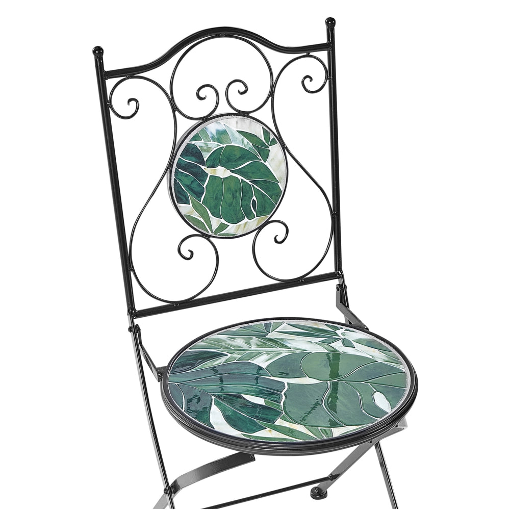 Set di 2 sedie da esterno in metallo pieghevoli con motivo a mosaico verde e struttura in ferro nero stile vintage