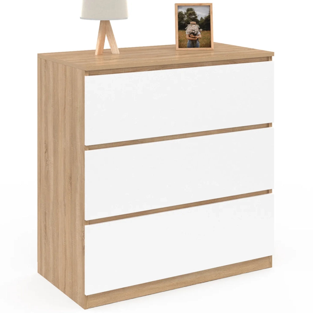 IDMarket - Cofre de 3 cajones TOMI 78 cm en haya y blanco
