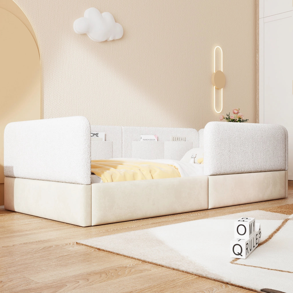Letto singolo 90 × 200 cm con barriera di sicurezza, tasche portaoggetti, senza materasso, in MDF, bianco