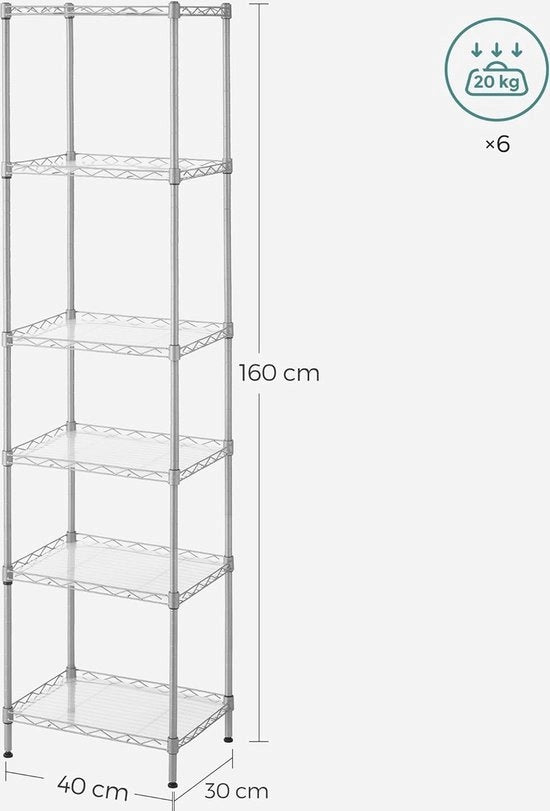 Rack da cucina con 6 livelli, rack metallico, rack verticale, griglia regolabile in altezza, con piastre in PP, 8 ganci a S, per cucina, soggiorno, fino a 120 kg di carico, colore argento LGR116E01