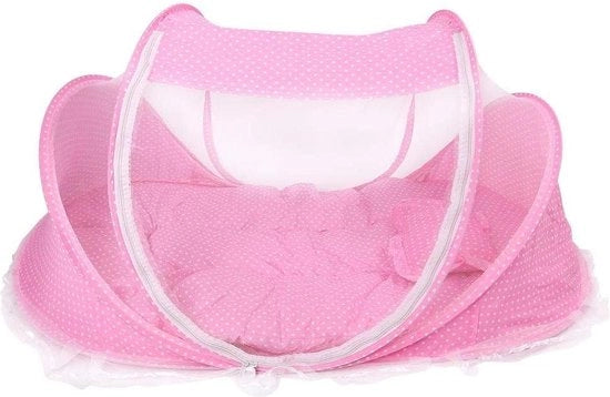 Letto da viaggio pieghevole per bambini con tenda contro insetti e rete contro zanzare - con cuscino matrimoniale - blu rosa - per bambini da 0 a 18 mesi - per uso indoor e outdoor.