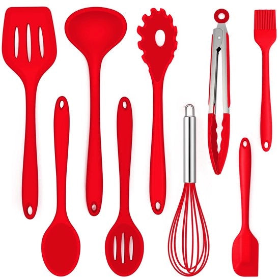 Set di aiuto in silicone per la cucina - 9 pezzi - Raccoglie e cuoce a temperature elevate - Impermeabile e resistente al calore - Ideale per cucinare e friggere - Colore rosso
