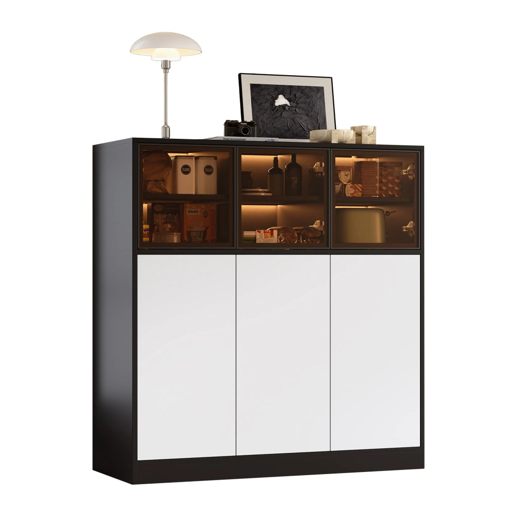 Credenza contenitore con luci LED, 6 ante e 14 scomparti, 100 x 40 x 105 cm, nero e bianco