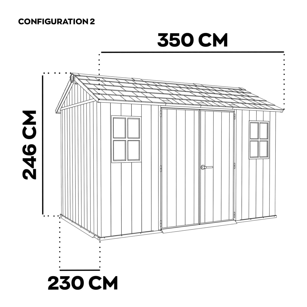Newton + 7511/1175 - Casetta da Giardino 350x246x230 cm 2 Ante per deposito attrezzi finitura effetto legno Evotech+ in Resina Grigio e Nero