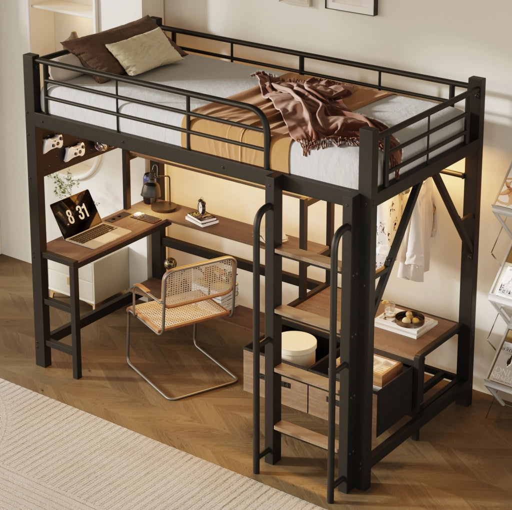 Letto a soppalco 90x200 cm con scrivania; ripiani; LED e USB; nero