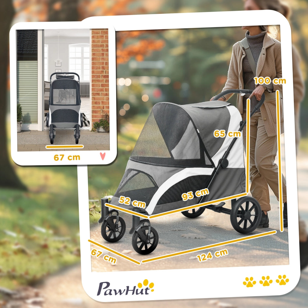 Carrello pieghevole per cani grandi fino a 30 kg con finestre in rete, ruote rimovibili, poliestere grigio scuro