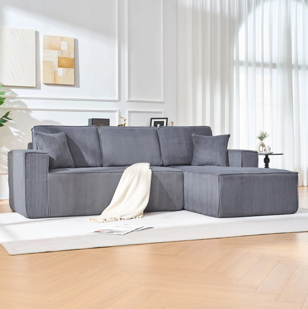 Divano angolare modulare a L 235x128x60 cm in velluto a coste grigio; con chaise longue
