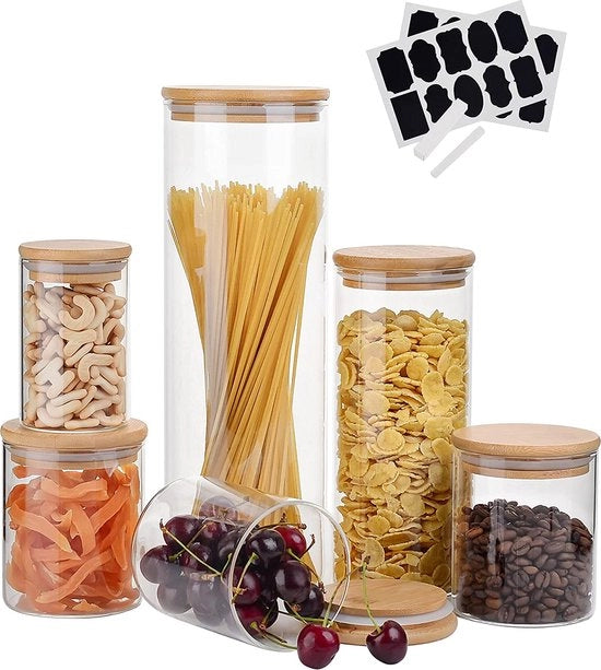 Set di contenitori in vetro con coperchio da 6, contenitori in vetro con guaina in gomma, contenitori in vetro a chiusura ermetica per il conservazione di alimenti, contenitori per erbe in vetro, 2.1L+1L+300ML+500ML*3