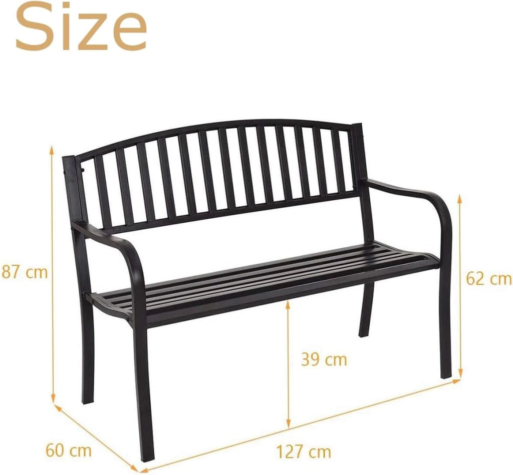 Panca a 2 Posti in Acciaio, Panca da Giardino con Schienale e Braccioli, Panca da Seduta Caricabile fino a 280 kg, Panca da Riposo per Giardino Balcone Terrazza, 127 x 60 x 87 cm, Nero