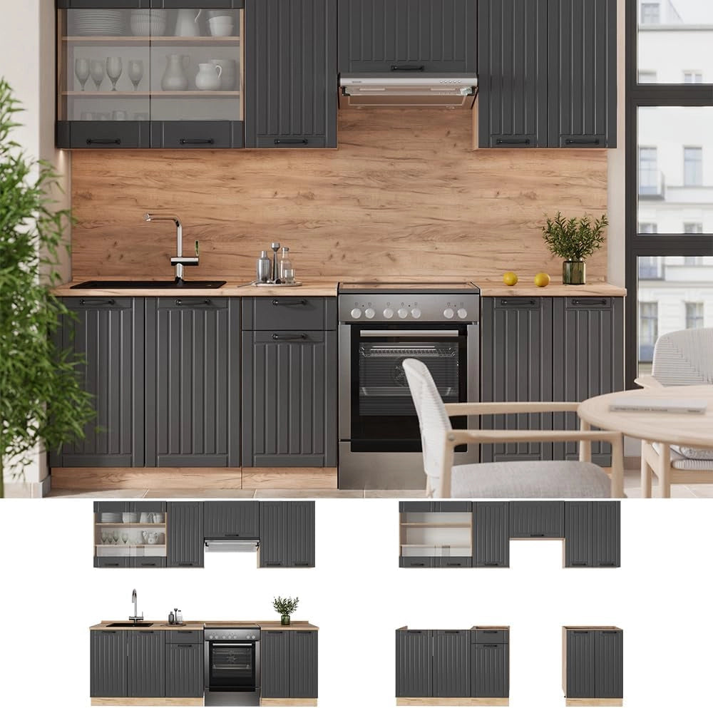 Cucina componibile Fame-Line, Grigio scuro, 240 cm senza piano di lavoro