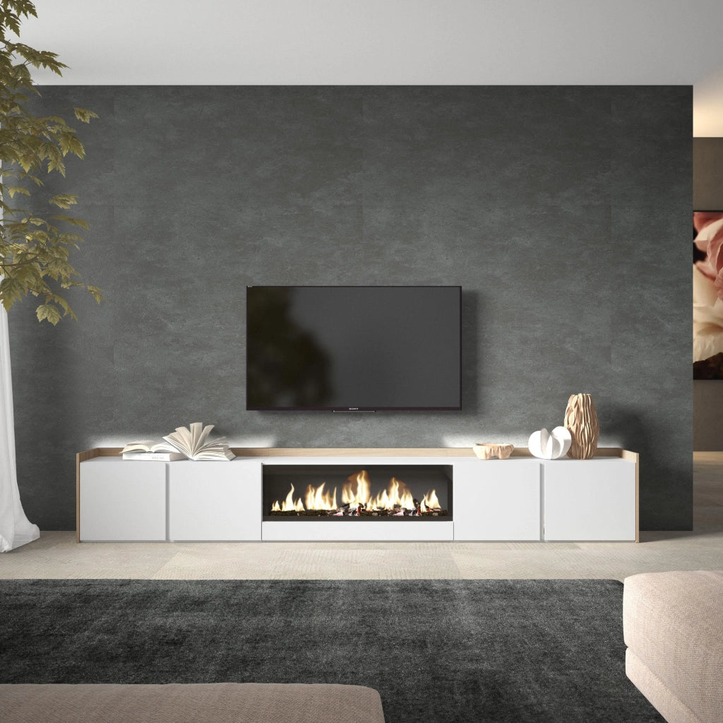 Mobile TV Soggiorno, 315x50x35 cm, Per TV fino a 80", Camino elettrico XXL, LED, Bianco e Rovere soft