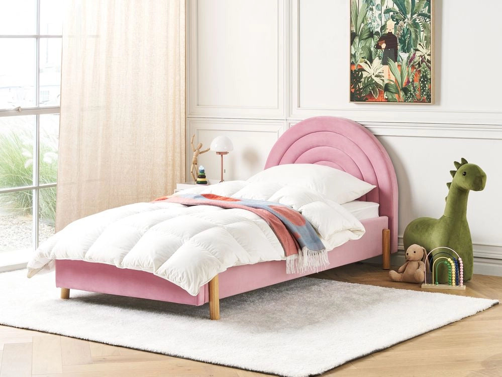 Letto con Contenitore in tessuto bouclè rosa, Misura Singola 90 x 200 cm Design Minimalista Retro con Testiera a Mezza Luna