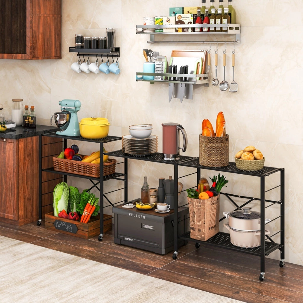 Scaffale pieghevole in metallo con ruote e 5 ripiani-Carrello da cucina balcone soggiorno 76x34,5x153cm Nero