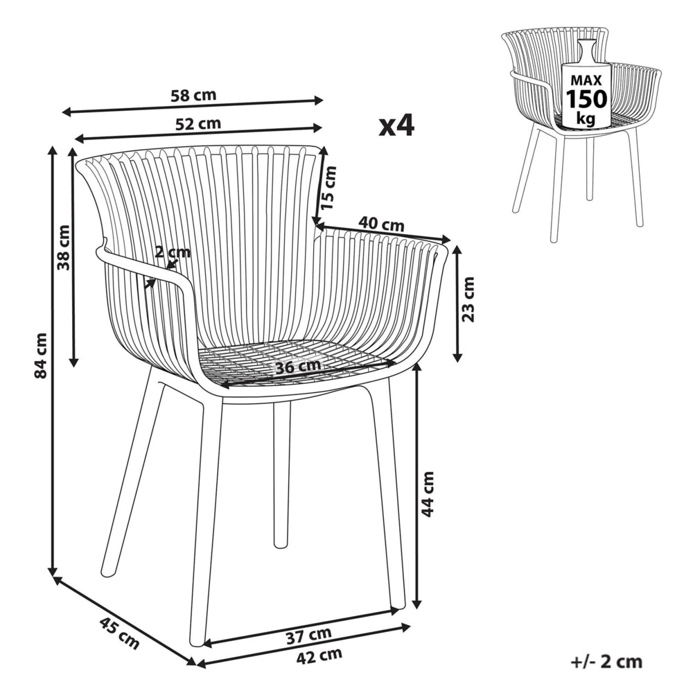 Set di 4 sedie da pranzo in plastica verde per interni ed esterni da giardino con braccioli in stile minimalista