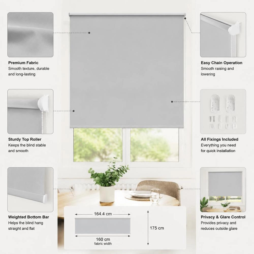 Blackout Roller Blind, 160 X 175 Cm, Grey