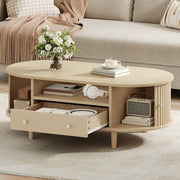 Tavolino basso ovale con 1 cassetto, vani aperti e anta scorrevole, per soggiorno, in MDF, rovere, 100 × 50 × 36 cm