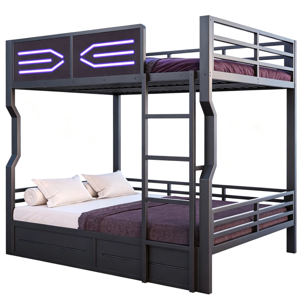 Letto a castello 140×200 cm con LED; scala e sponde di sicurezza; senza materasso; metallo; nero