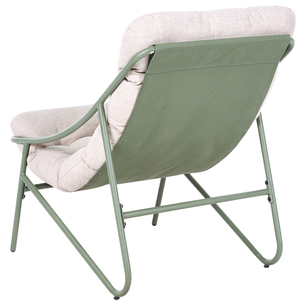 Set da esterno: struttura in acciaio verde e beige, sedute in tessuto divano a due posti con poltrone e tavolino