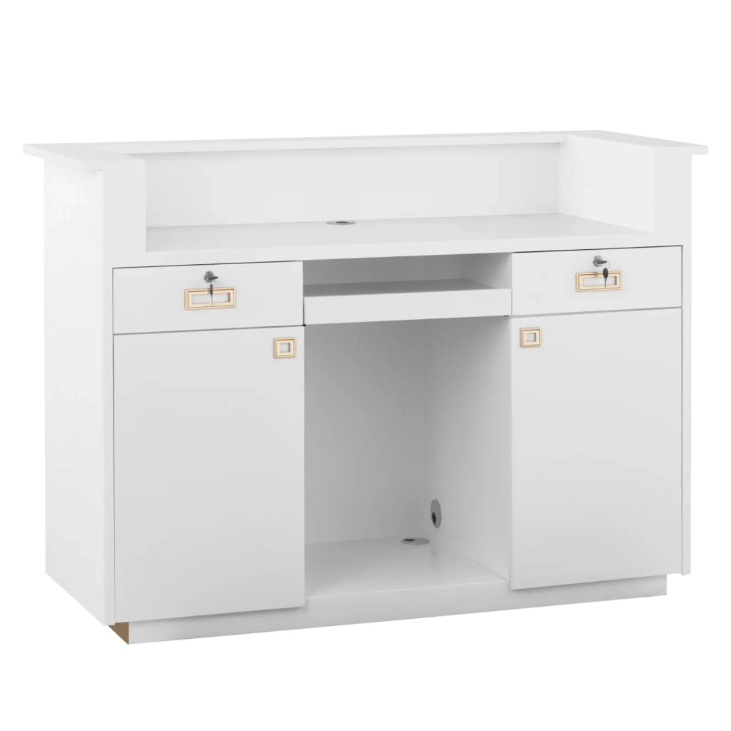 Banco reception con illuminazione indiretta bloccabile ripiano scorrevole per tastiera acciaio inox MDF bianco 14_0008399