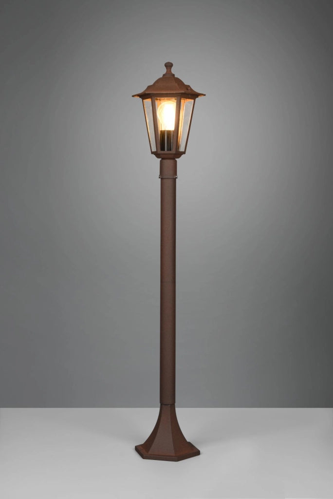 PIENZA PALO DA ESTERNO 6 LATI FUSIONE DI ALLUMINIO RUGGINE E VETRO TRASPARENTE H. 100CM IP44 1 LUCE ATTACCO E27