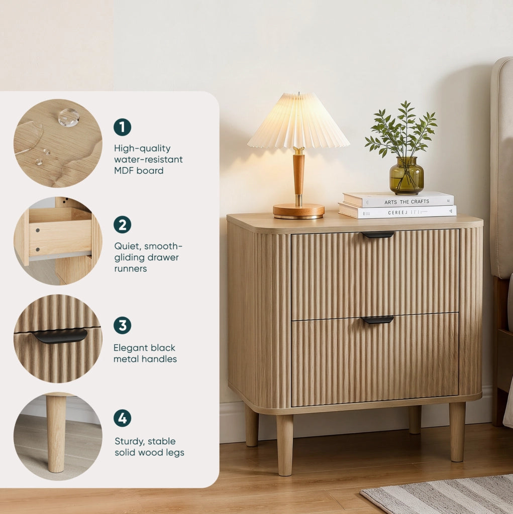 Comodino in MDF effetto rovere con 2 cassetti e frontali scanalati