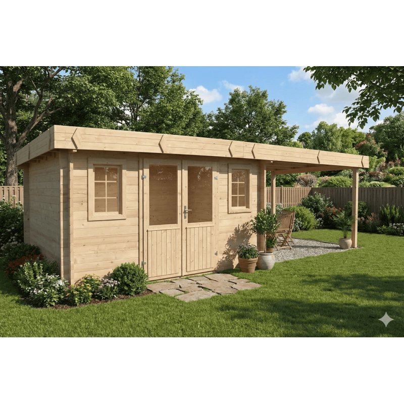 Casetta con legnaia 374x674 cm – Abete 42 mm – Tetto acciaio piano – Porta vetrata e finestra – BRE4040.02B Foresta
