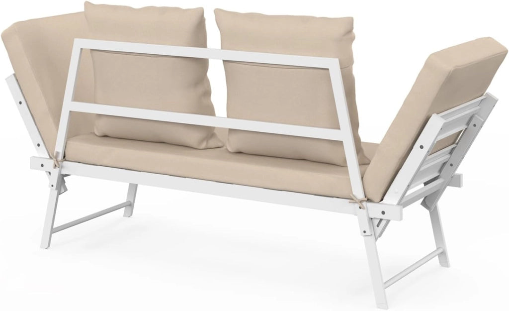 Divano da Giardino, Panca trasformabile NOLA 2/3 posti con braccioli reclinabili in Metallo Bianco e Cuscini Beige