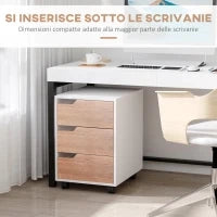 Cassettiera in MDF con 3 Cassetti e Ruote per Ufficio o Studio Bianca e Legno, 40x50x57.5cm