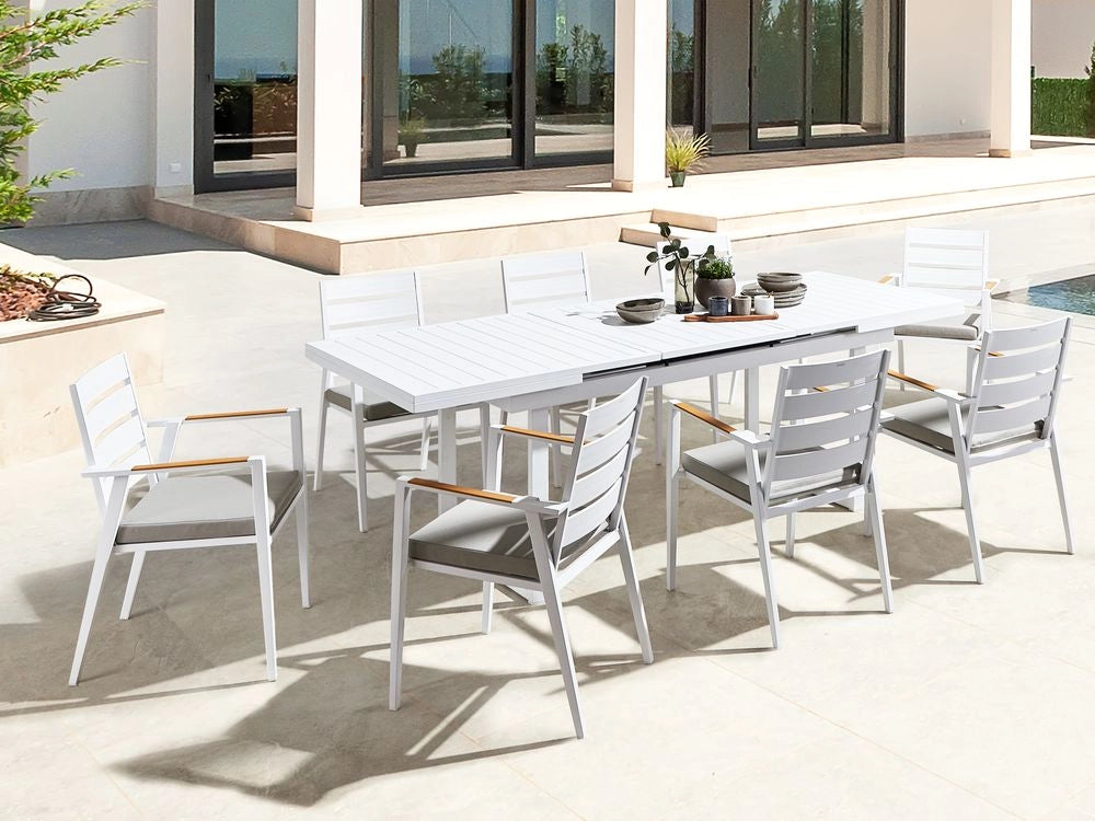 Set da pranzo metallo nero grigio con cuscini di seduta in alluminio 8 sedie