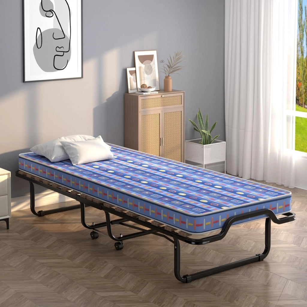 Letto per gli ospiti pieghevole, 80 x 200 cm, per adulti, letto da viaggio con materasso in memory foam, letto singolo, 4 ruote, pieghevole in metallo, portata fino a 120 kg (blu)