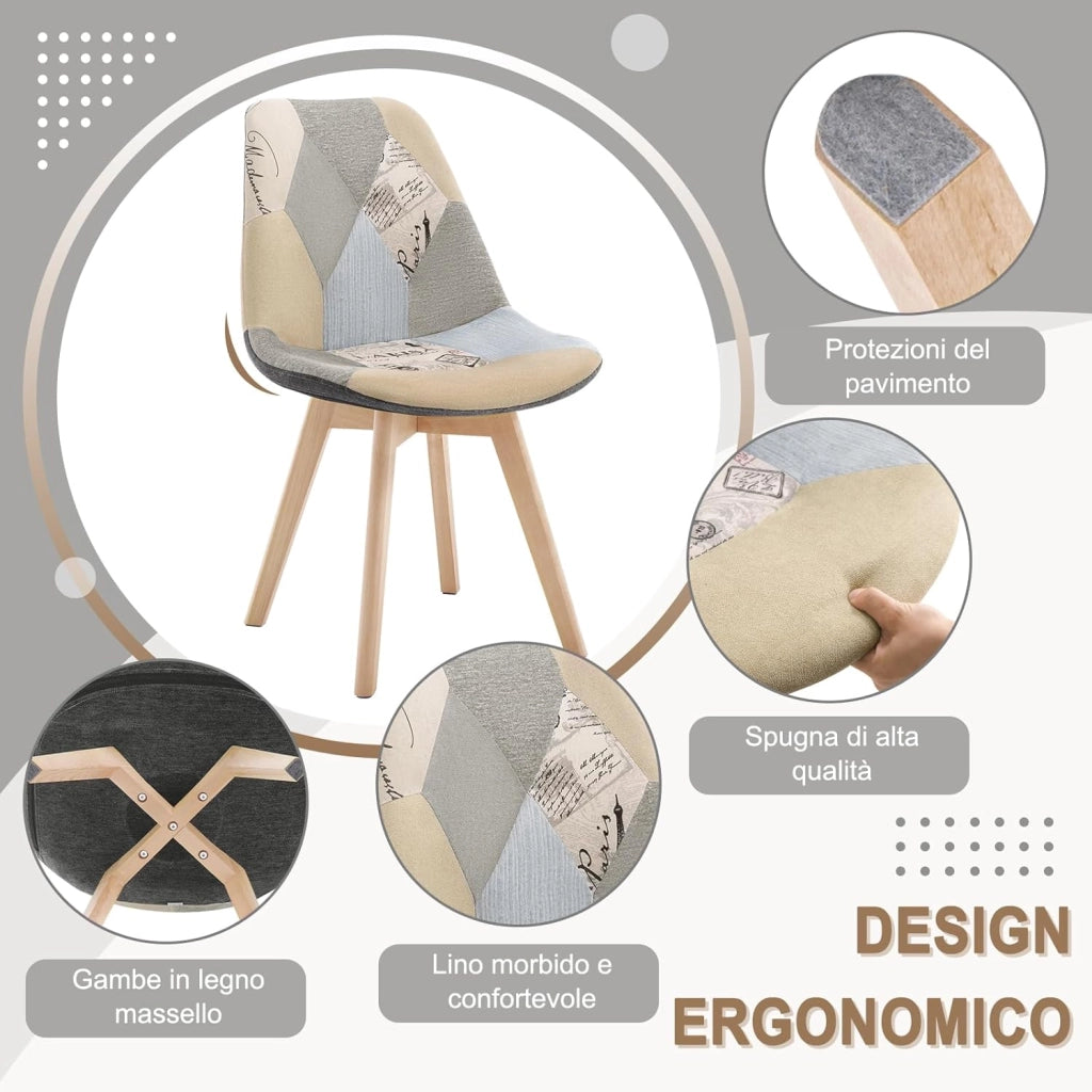 Set di 8 sedie da pranzo Sedia da Scrivania con Schienale Rivestito in Tessuto di Lino Patchwork Gambe Legno Moderno BH29pw-8