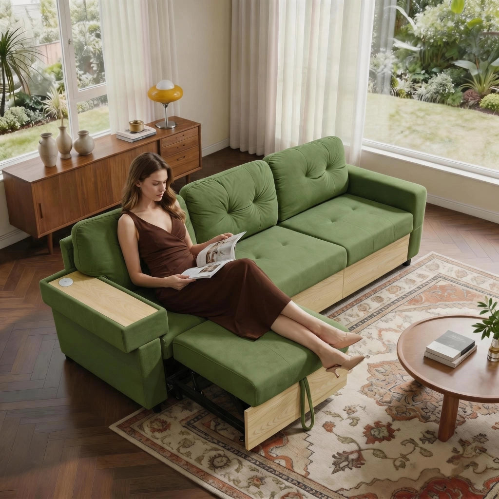 Divano angolare modulare con chaise longue estraibile, USB e spazio contenitore in velluto verde per soggiorno