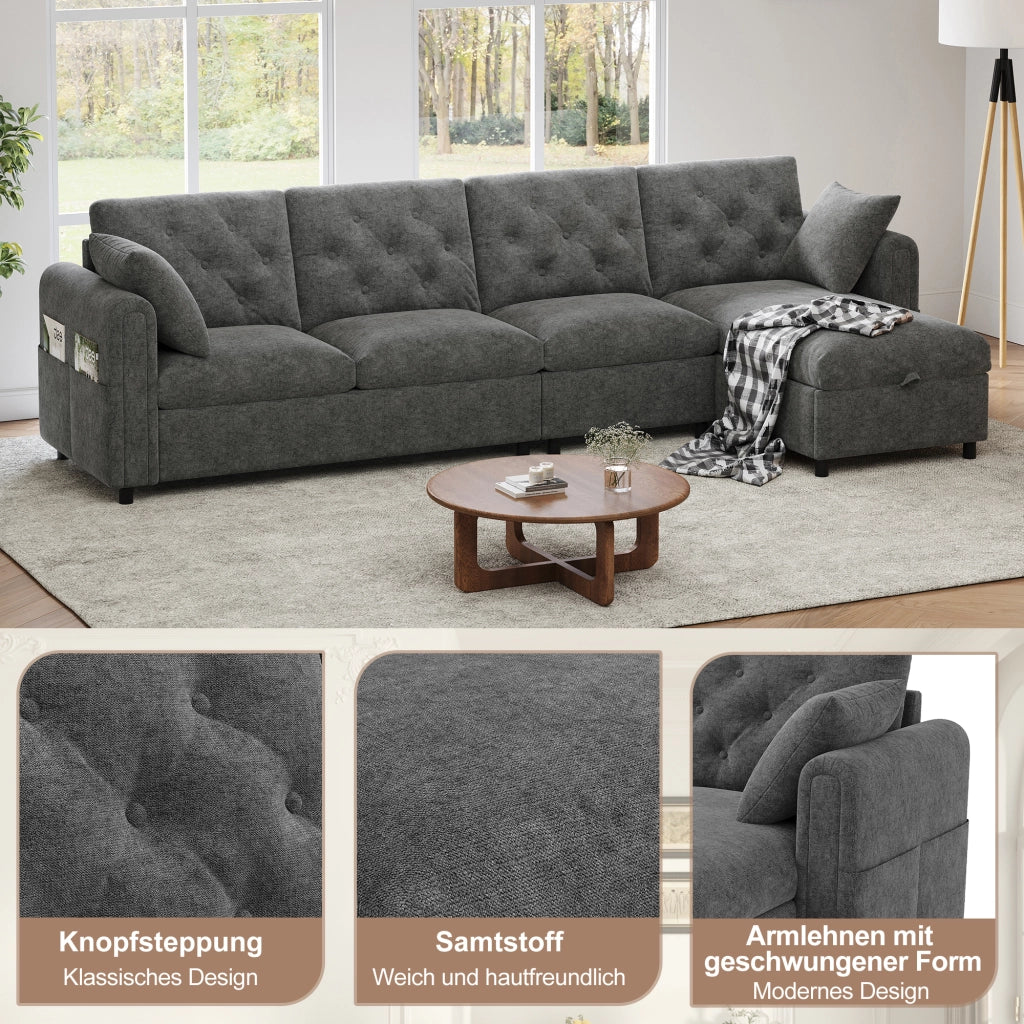 Divano angolare convertibile con vano contenitore e tasche laterali, in Velluto Grigio 281 × 132 × 86 cm