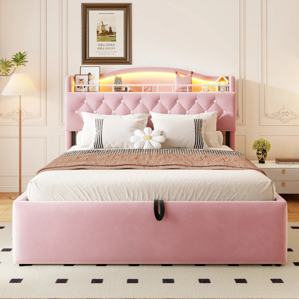 Letto imbottito matrimoniale 140 × 200 cm con contenitore idraulico, USB, USB-C et LED, senza materasso, rosa