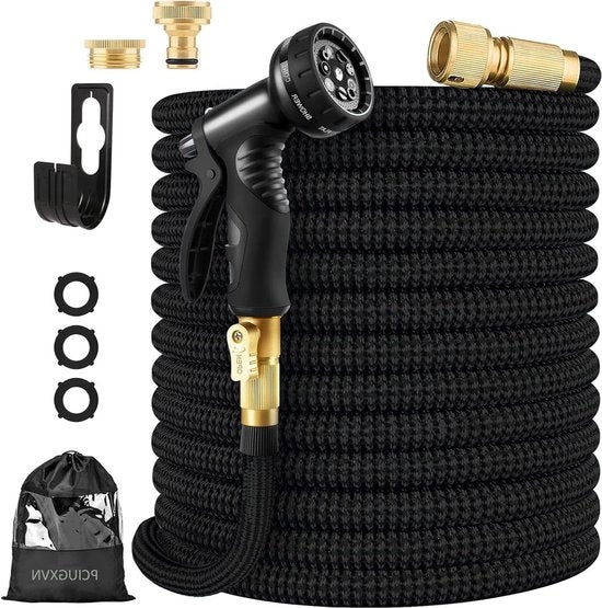 Serpentino flessibile espandibile tubo da giardino con 10 impostazioni di spruzzo, adattatore di spruzzo in ottone, colore nero