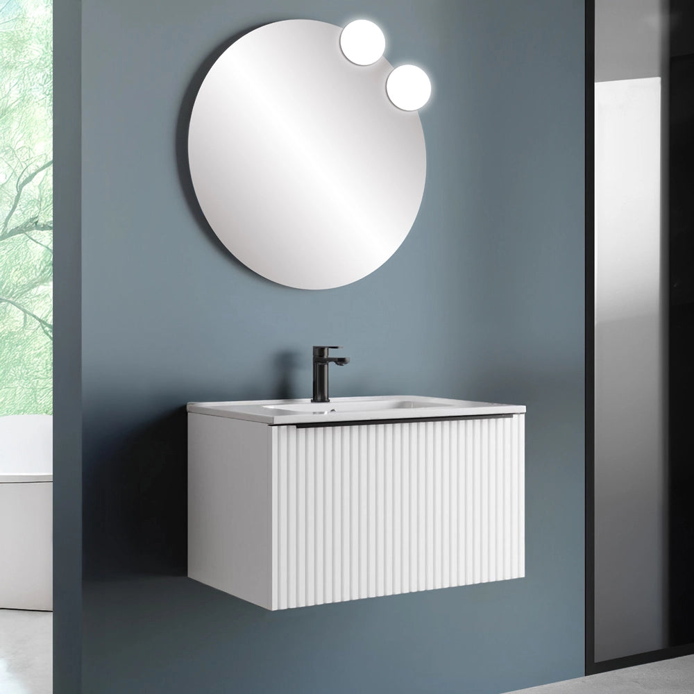 Mobile bagno sospeso 70 cm bianco opaco cannettato con cassetto e lavabo Nara