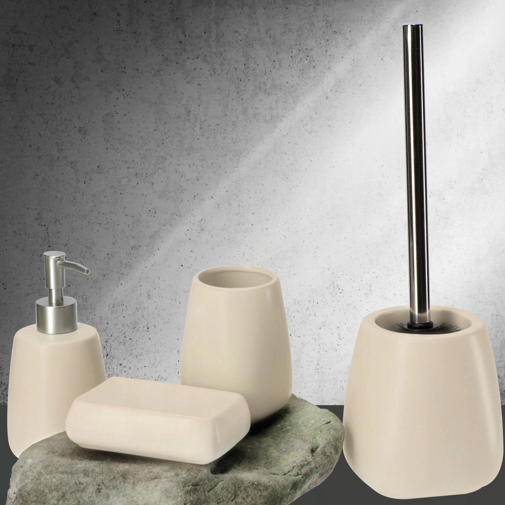 Set da bagno KADAX, set da bagno con dispenser di sapone, spazzolino e bicchiere, beige, 3 in 1
