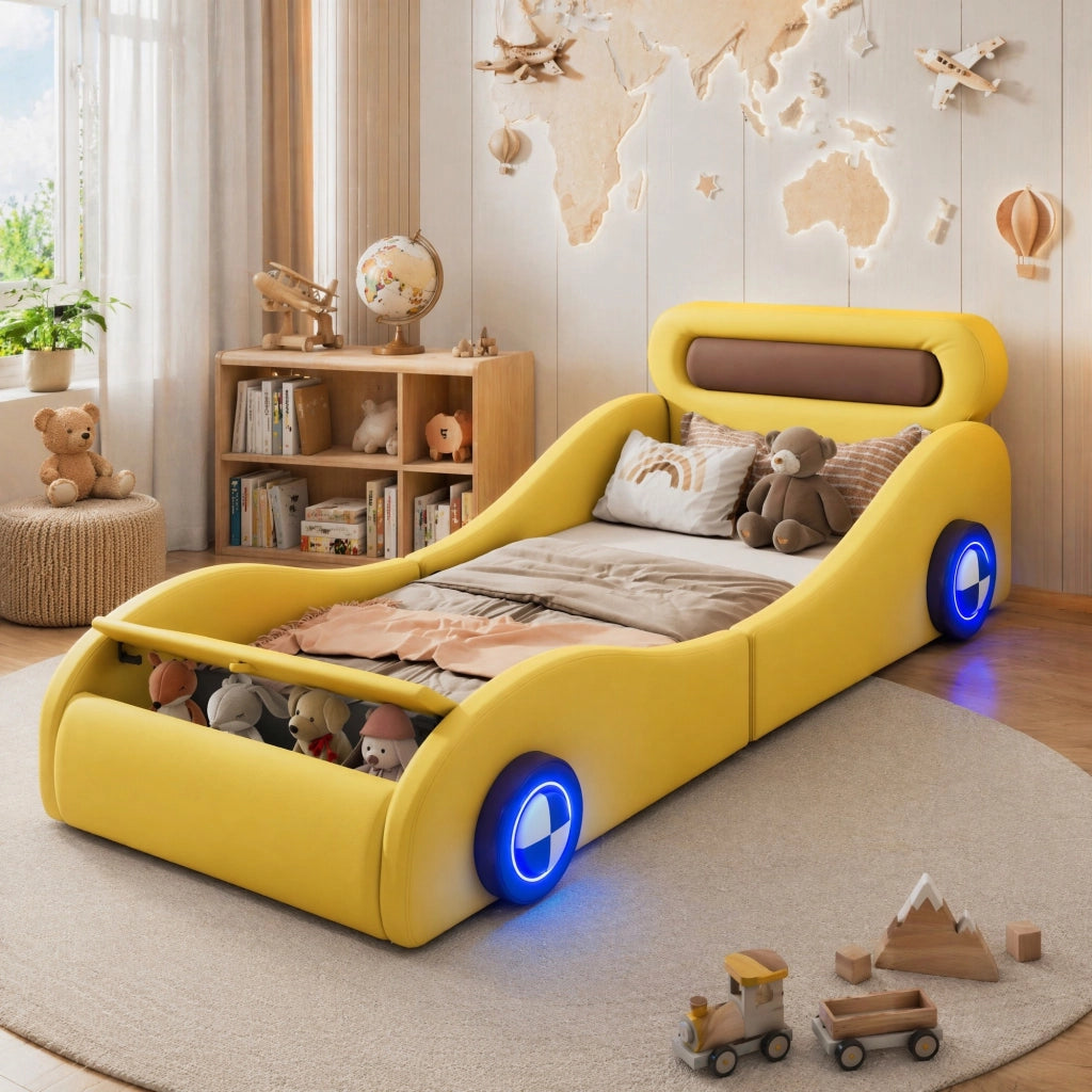 LETTO singolo 90x200 cm stile auto in PU giallo con ruote luminose