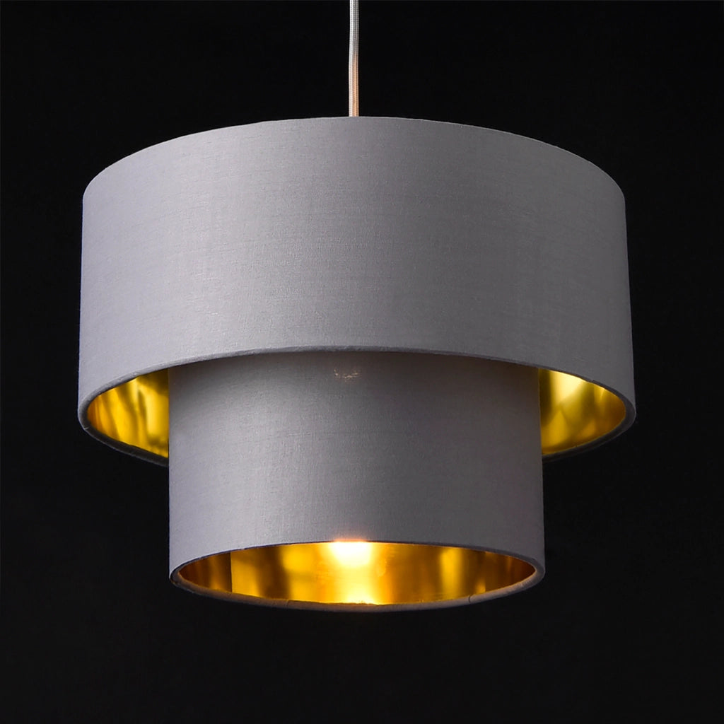 Lampada a Sospensione Lopar con Doppio Paralume in Tessuto Ø 30 cm - Grigio / Oro lux.pro