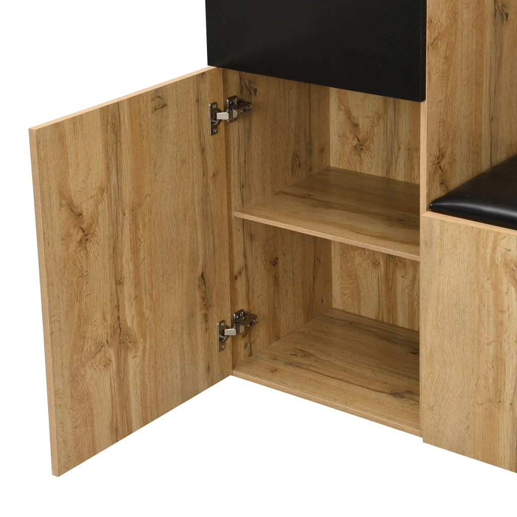 Garderoba da ingresso con 5 ganci; specchio e scarpiera; MDF; nero e naturale