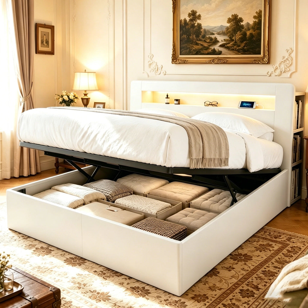 Letto matrimoniale contenitore 180x200 cm in legno bianco con LED; prese e testiera con ripiani