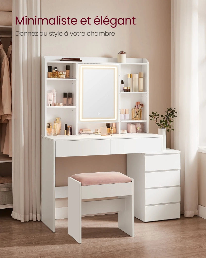 Toeletta con grande specchio LED luminosità regolabile tavolo da trucco con specchio scomparti 40 x 117,5 x 145 cm ripiani regolabili moderno bianco nuvola 12_0005174