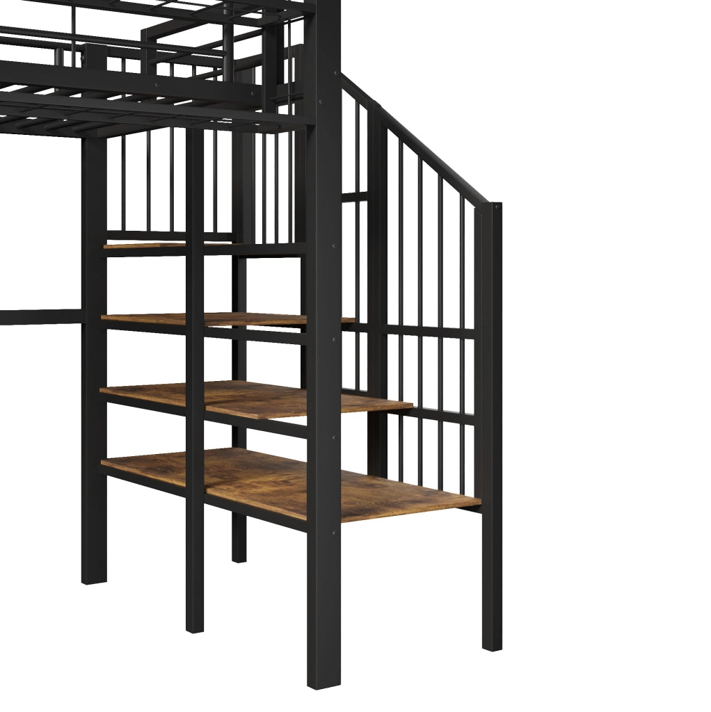 Letto a soppalco 251.5x113x170 cm con scaffale a gradini; elementi a griglia e luce LED; MDF e metallo; nero