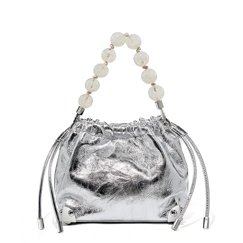 Borsa a mano grande in vera pelle, stile europeo e americano, colore argento.
