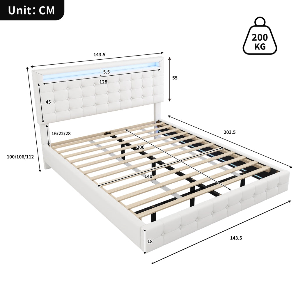 Letto Matrimoniale con LED Regolabile e Testiera Regolabile 140×200 cm; senza Materasso; PU; Bianco