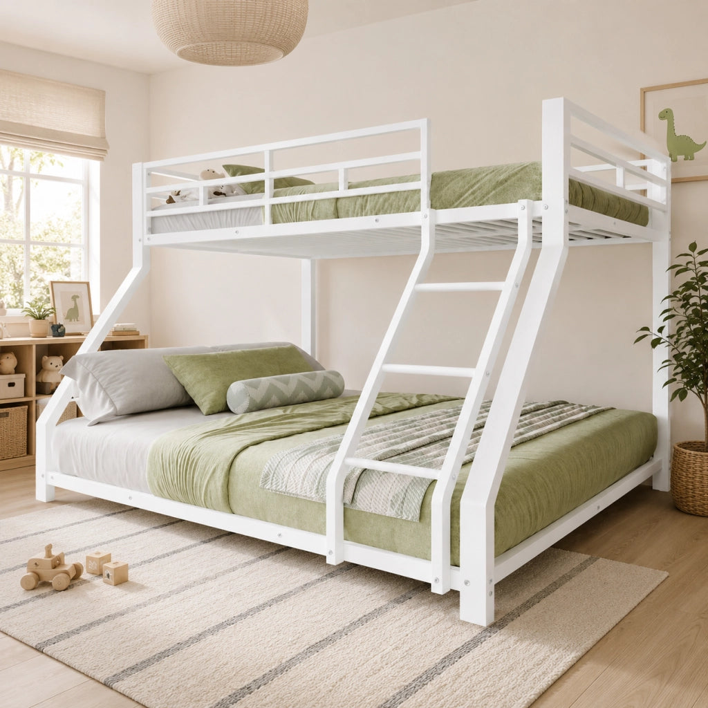 Letto a castello per bambini 90x200 + 140x200 cm; in metallo con barriere di sicurezza e gradino; conforme EN 747; bianco