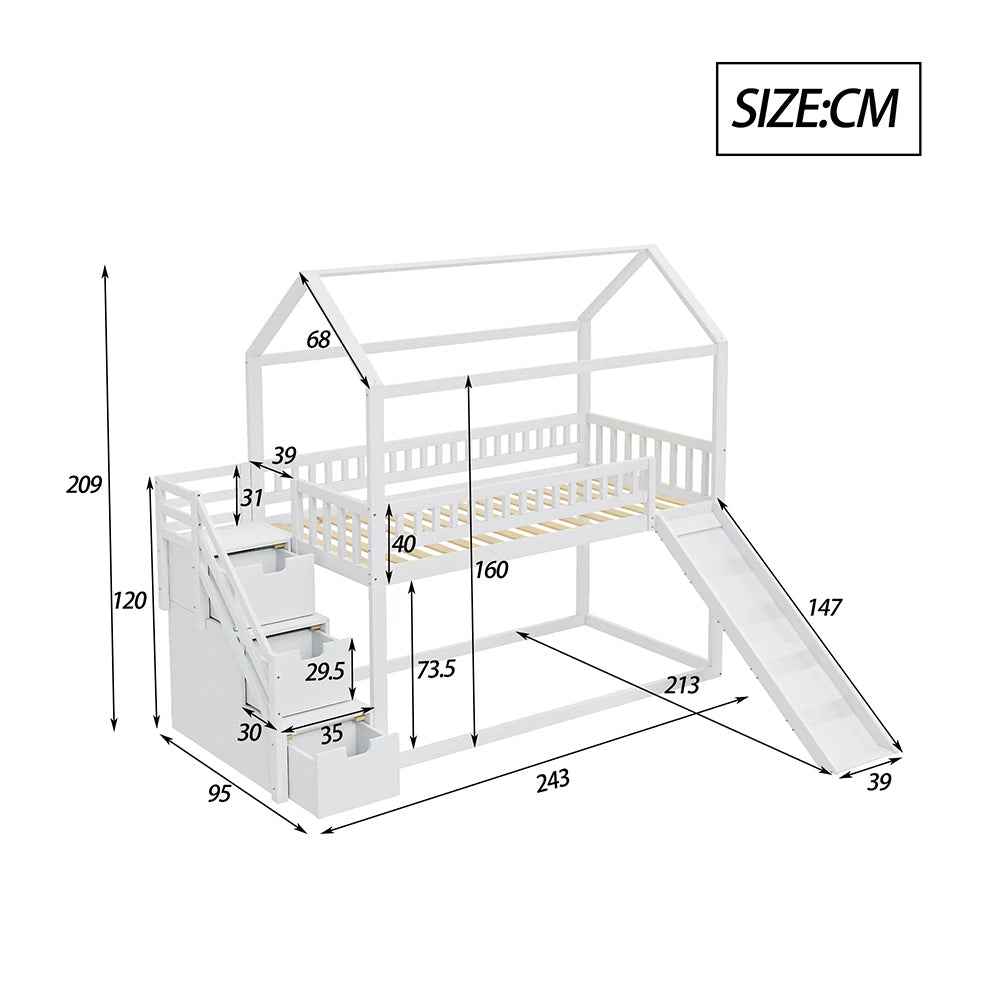 Letto a castello per bambini con scivolo - Xylo - 90x200 cm - Bianco - Scala di stoccaggio