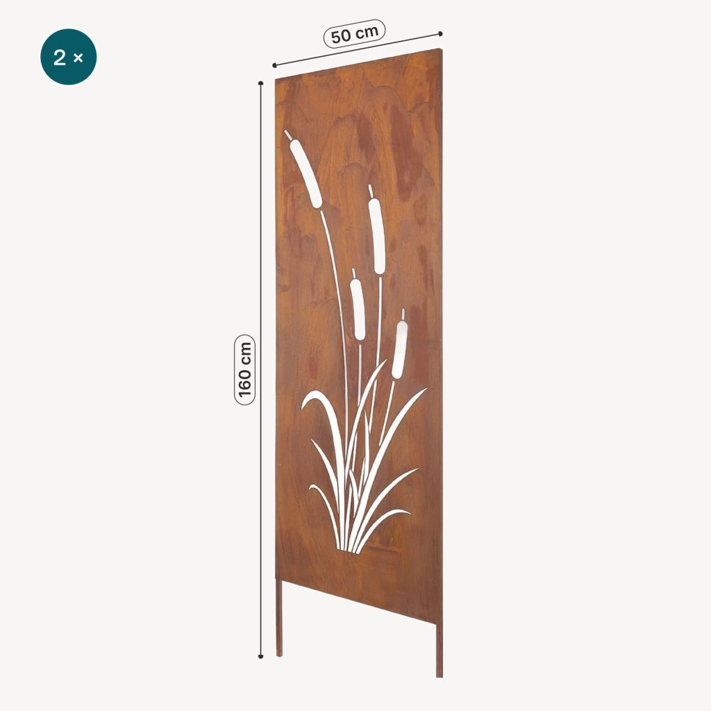Set di 2 Pannelli Divisori Irsina Frangivista con Motivo Canne 160x50 cm Acciaio Corten - Marrone Ossidato casa.pro