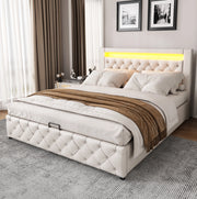 Letto matrimoniale imbottito 140x190 cm con contenitore; rete a doghe; LED; PU bianco