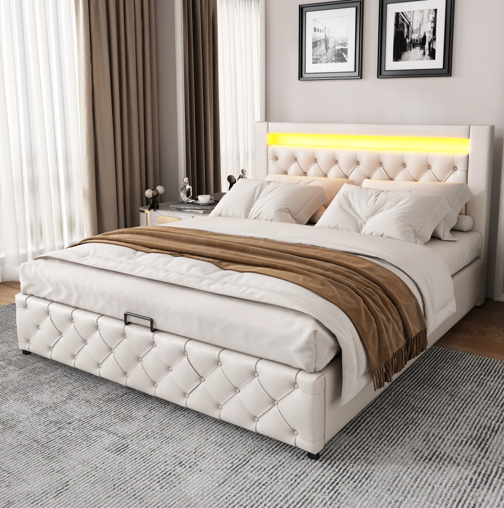 Letto matrimoniale imbottito 140x190 cm con contenitore; rete a doghe; LED; PU bianco